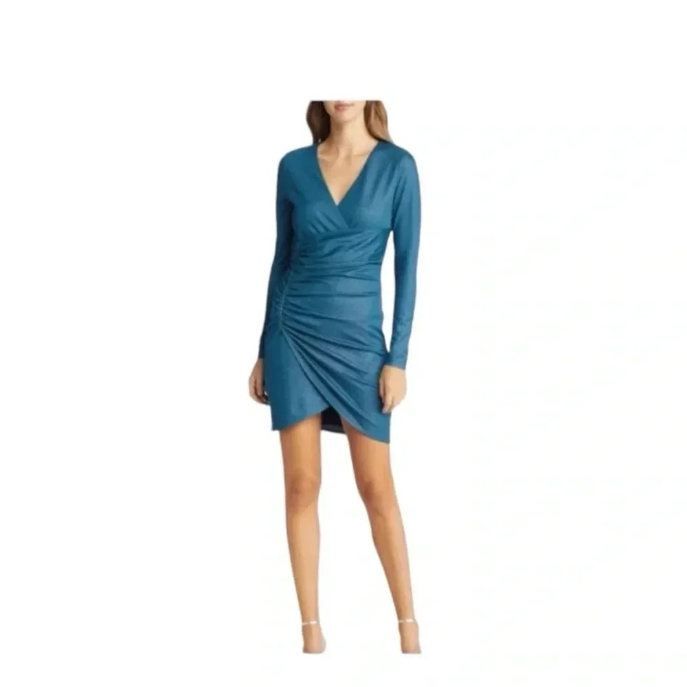 Fourteenth Place Teal Metallic Dress Mini Long Sleeve Surplice V-neck S